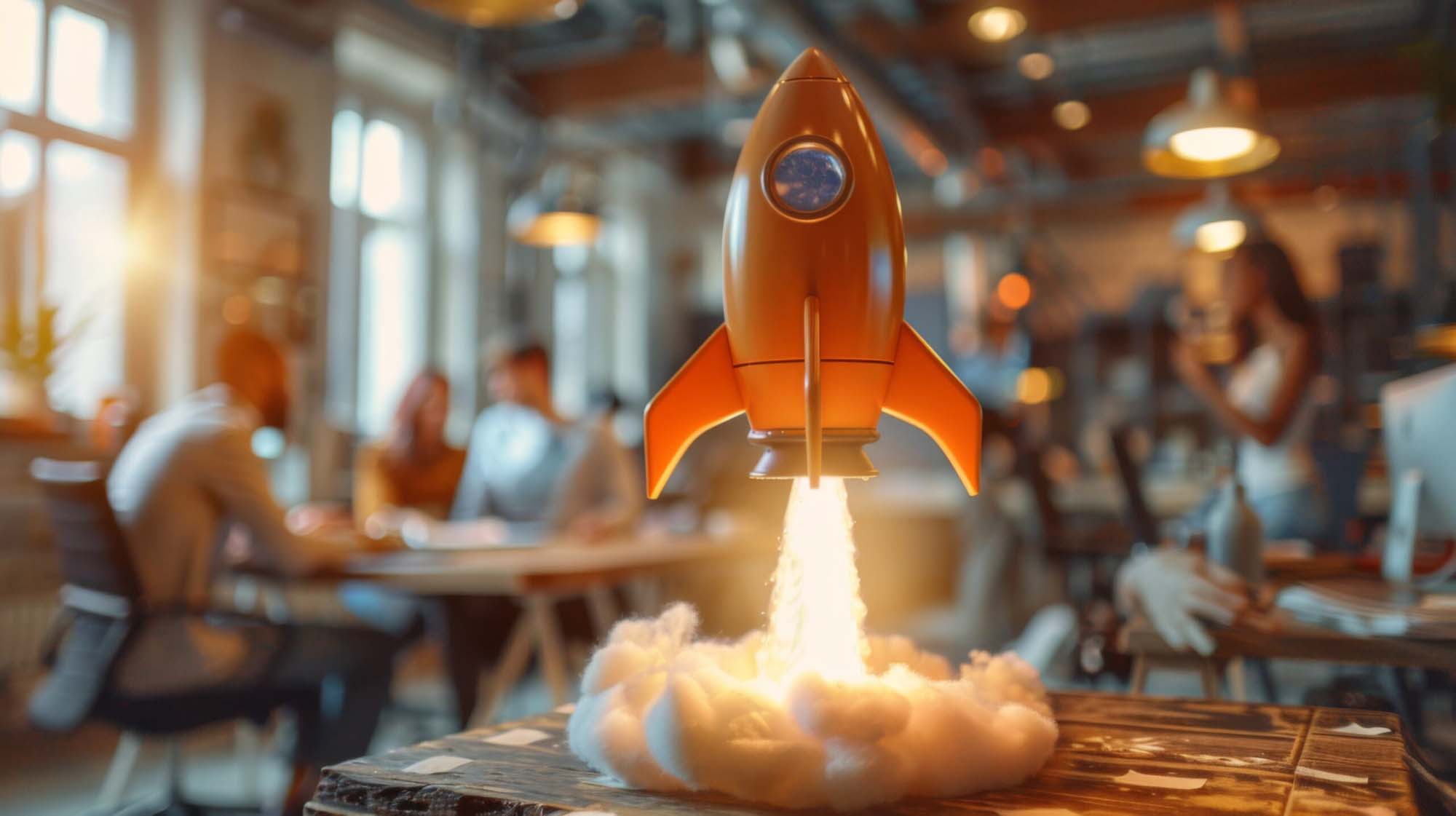 Ein orangene Spielzeugrakete startet von einem Holztisch. Im Hintergrund Gründer beim besprechen ihres Startups.
